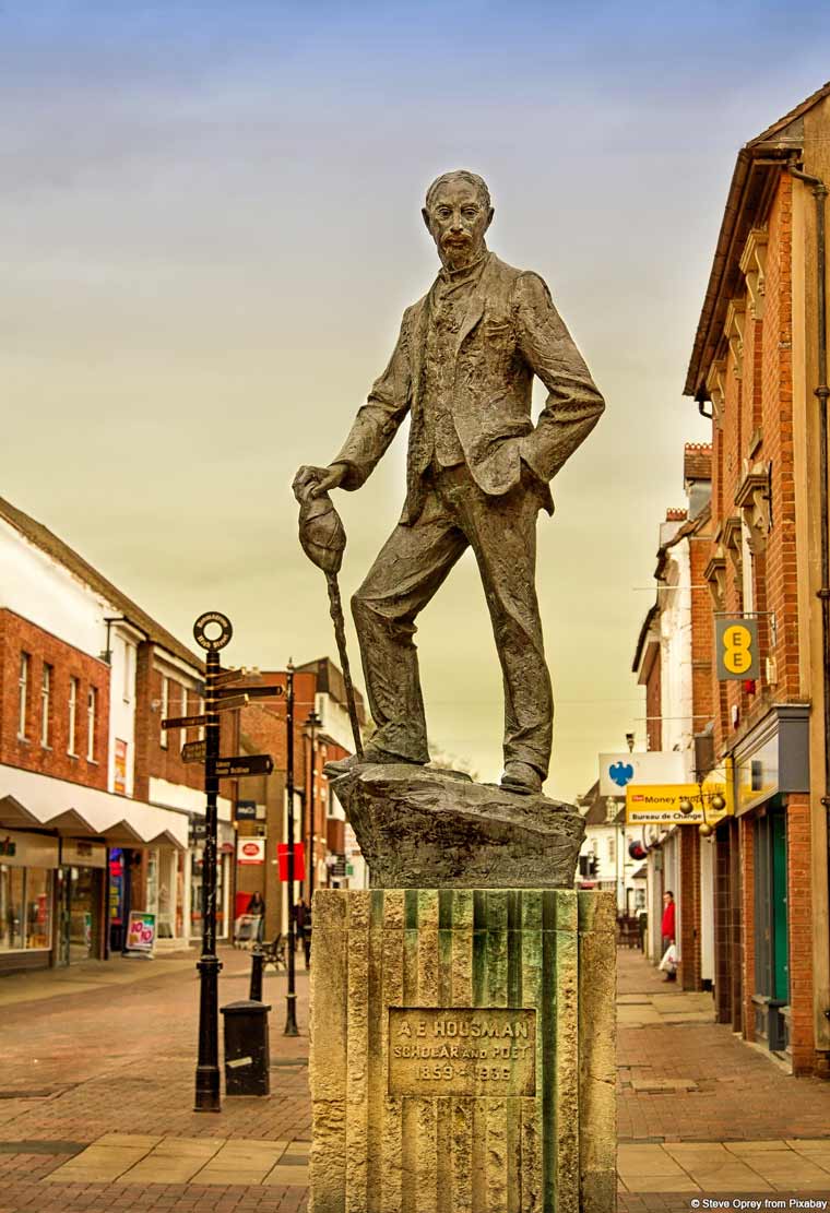 The statue of poet A E Housman on Bromsgrove High Street