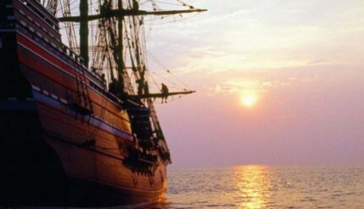 Mayflower Ship sunset at sea