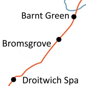 Barnt Green to Droitwich Spa railway line map