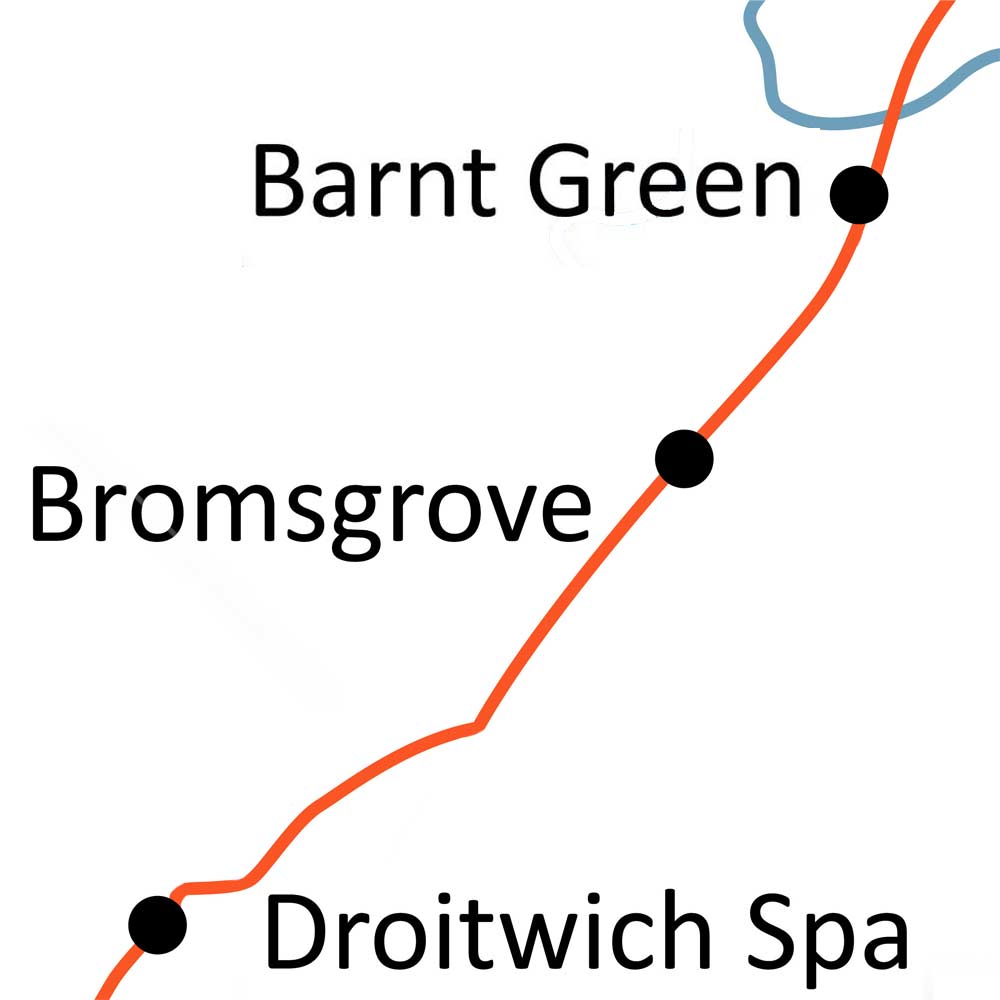 Barnt Green to Droitwich Spa railway line map