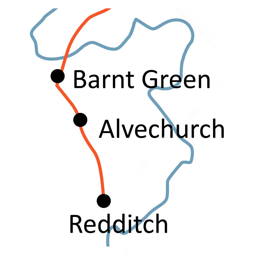 Barnt Green to Droitwich railway line map