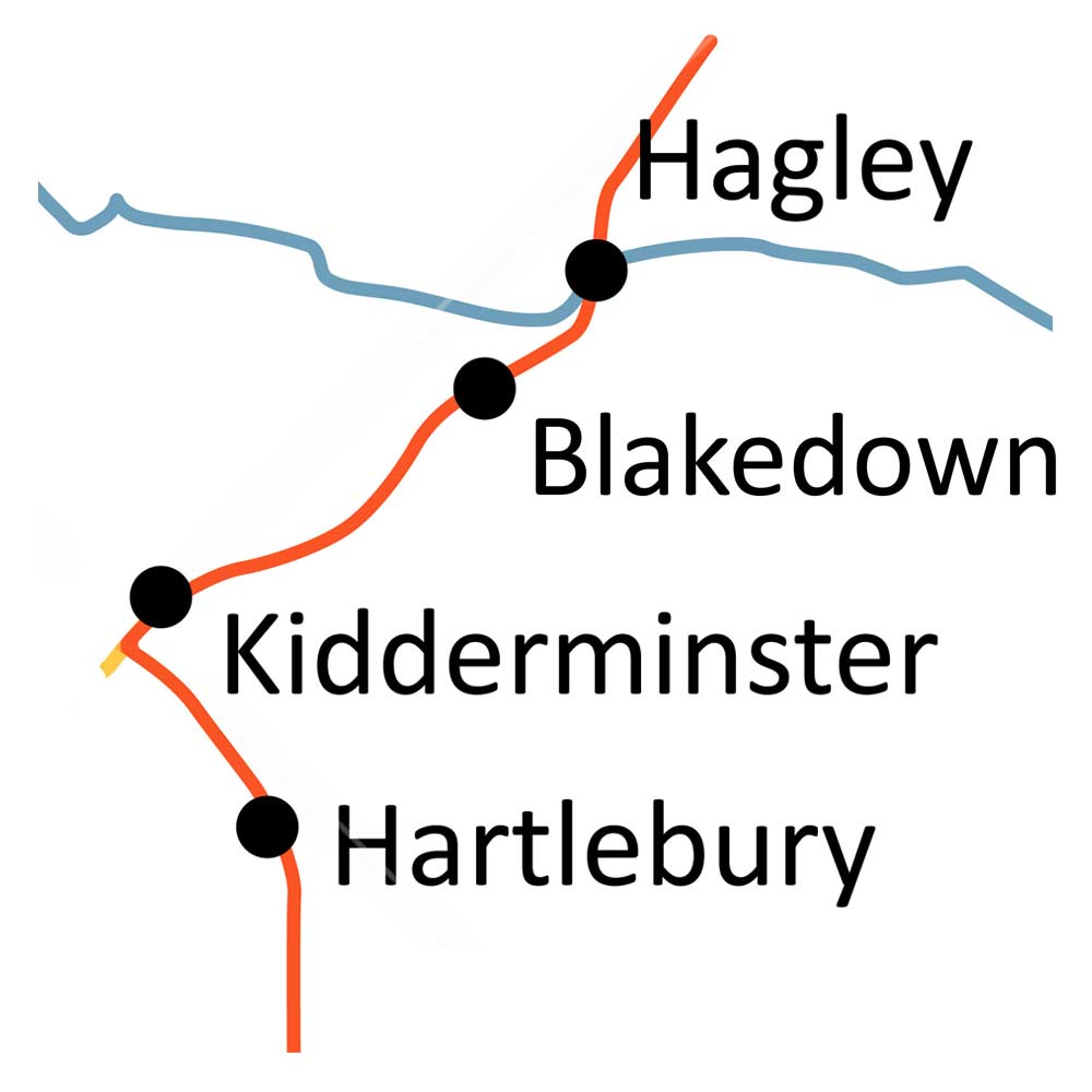 Hagley to Hartlebury railway line map